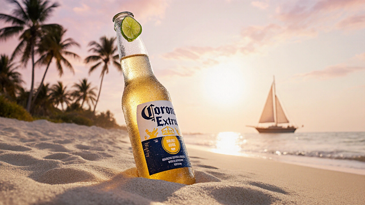 Corona Extra na pláži s limetkou a sluncem při západu.