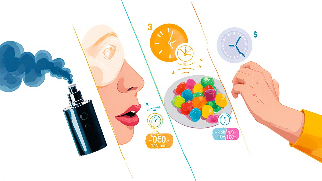 Čtyři CBD metody – vaping, podjazykové kapky, gummies, krém – zobrazeny vedle sebe s časy nástupu.