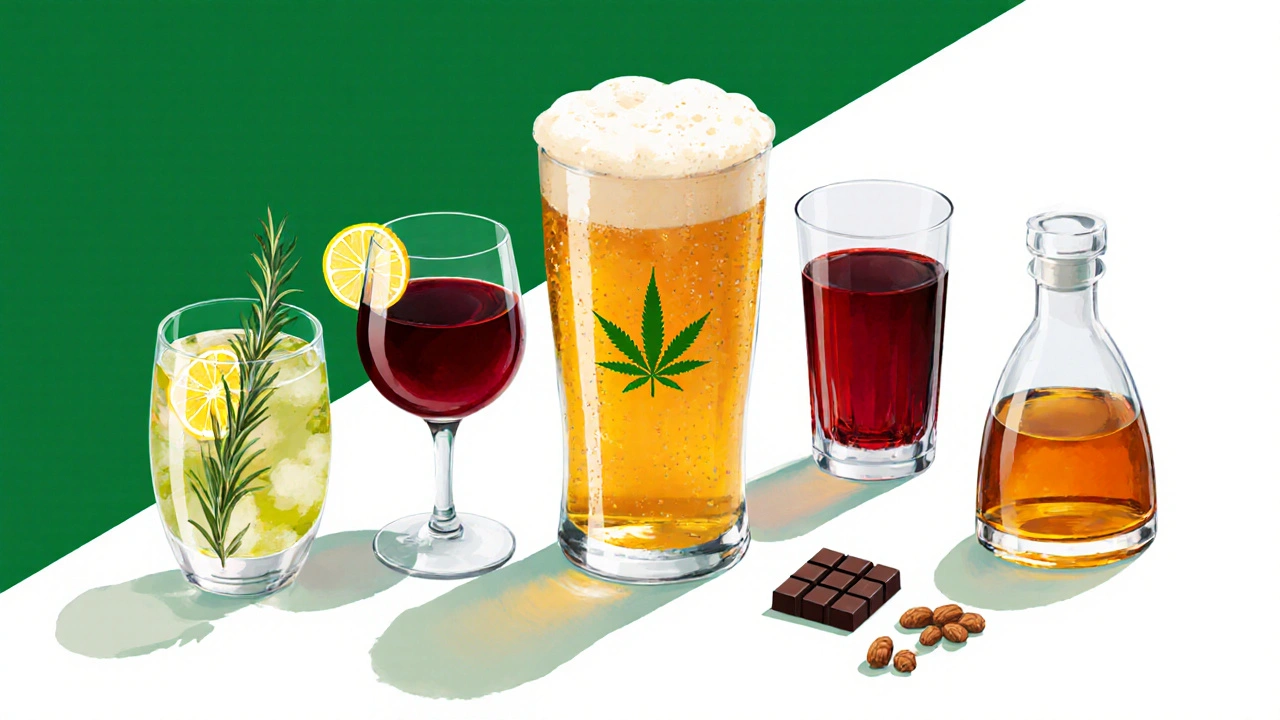 Flat‑lay of cannabis IPA, sour ale, Merlot, vodka shot, whisky, and snacks on a table.