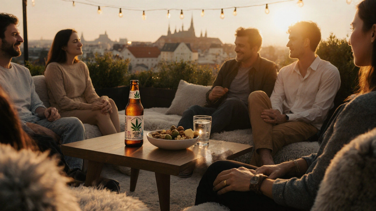 Friends on a terrace enjoying cannabis IPA, water, and snacks at golden hour.