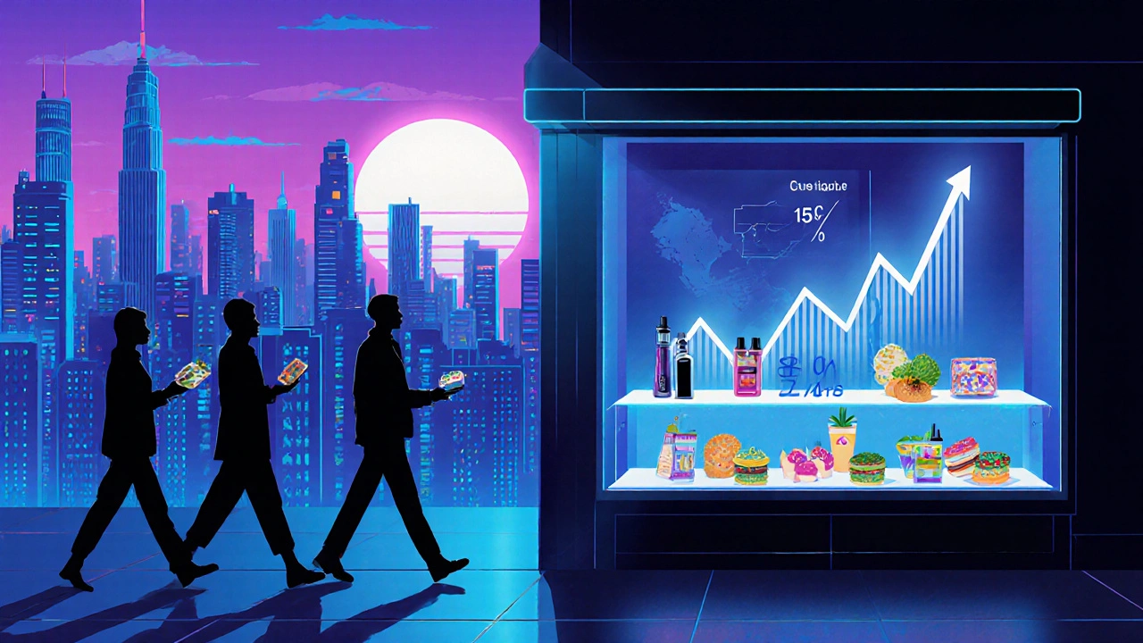 Futuristické město při soumraku s obchodem nabízejícím edibles, vape a hologramem růstu spotřeby.