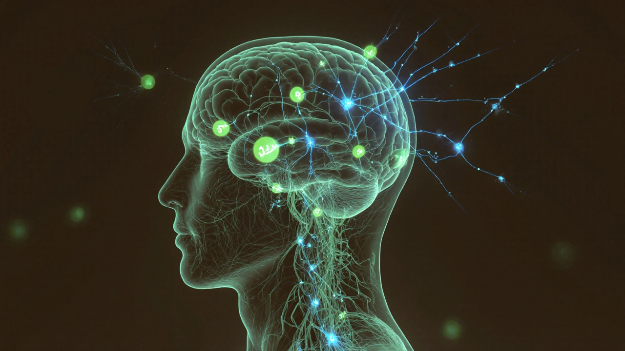 Grafické znázornění endokanabinoidního systému s CBD molekulami interagujícími s nervovými receptory.