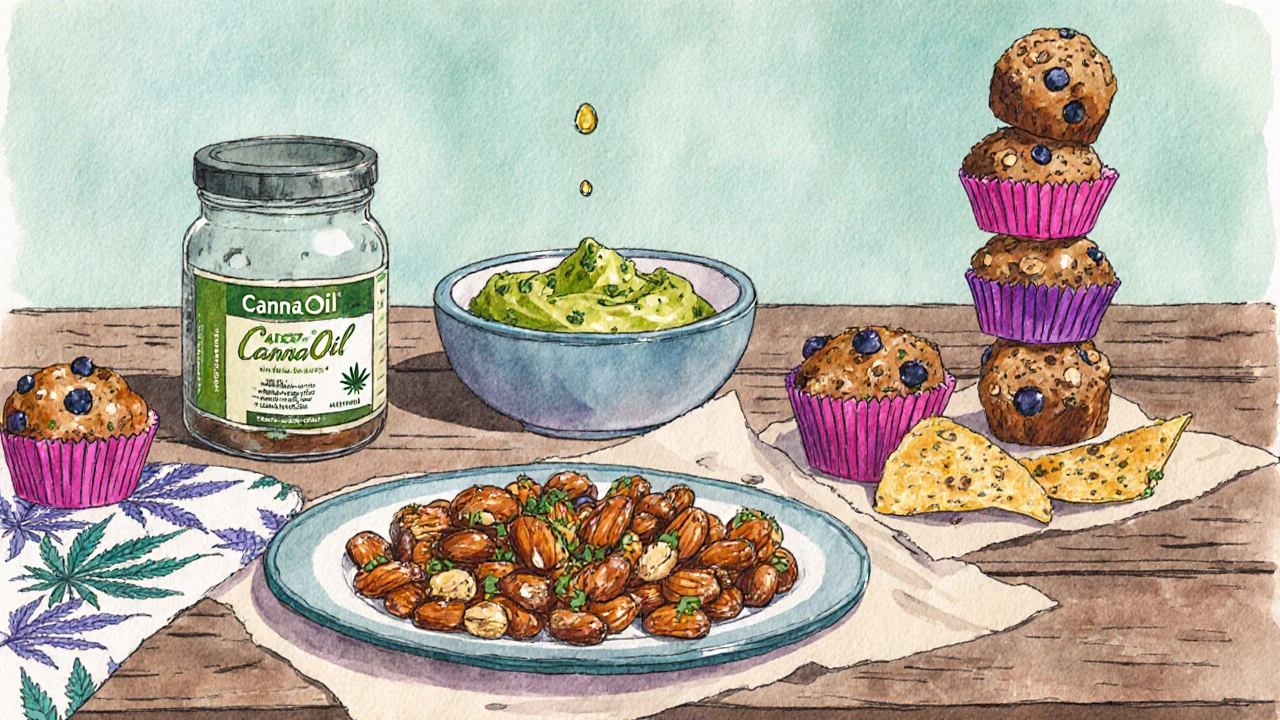 Ilustrace různých kanabinoidových snacků: ořechy, avokádový dip, muffiny a energetické kuličky.