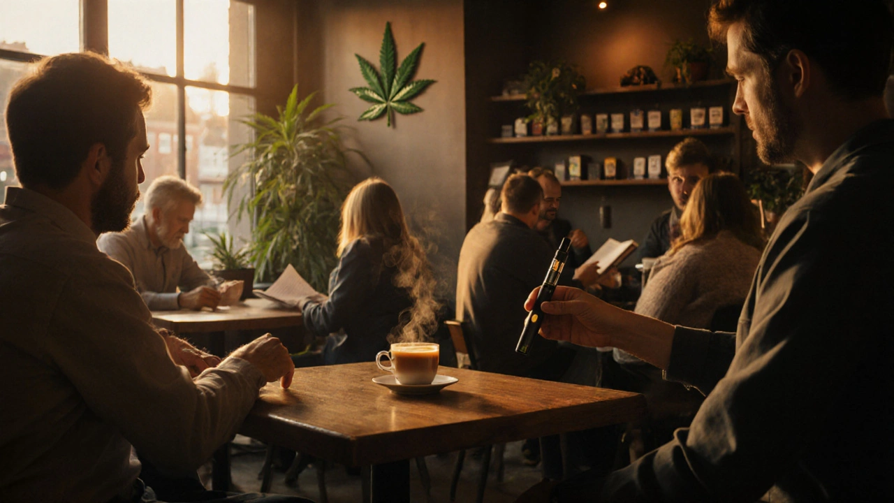 Interiér holandského coffee shopu s lidmi, zelenými rostlinami a nenápadnými konopnými produkty.