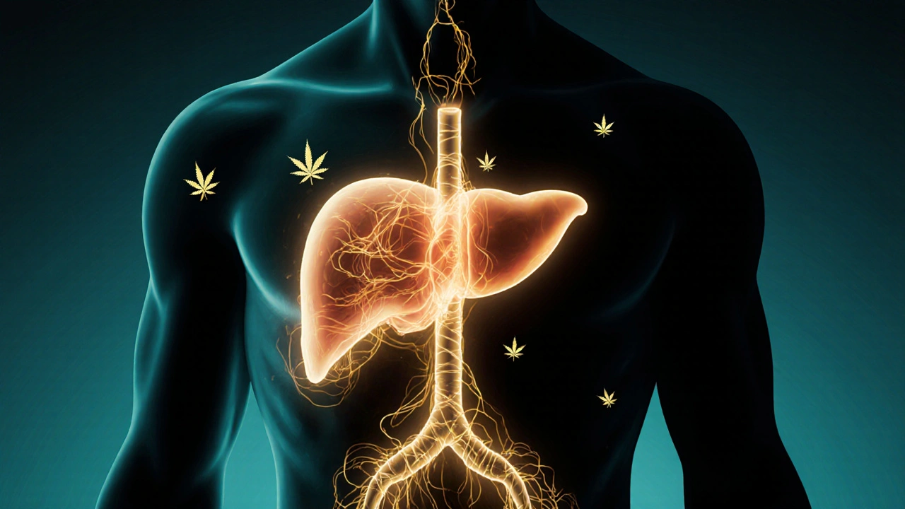 Koncepční obrázek lidského těla s osvětlenými metabolickými cestami a zlatými vlnami energie.