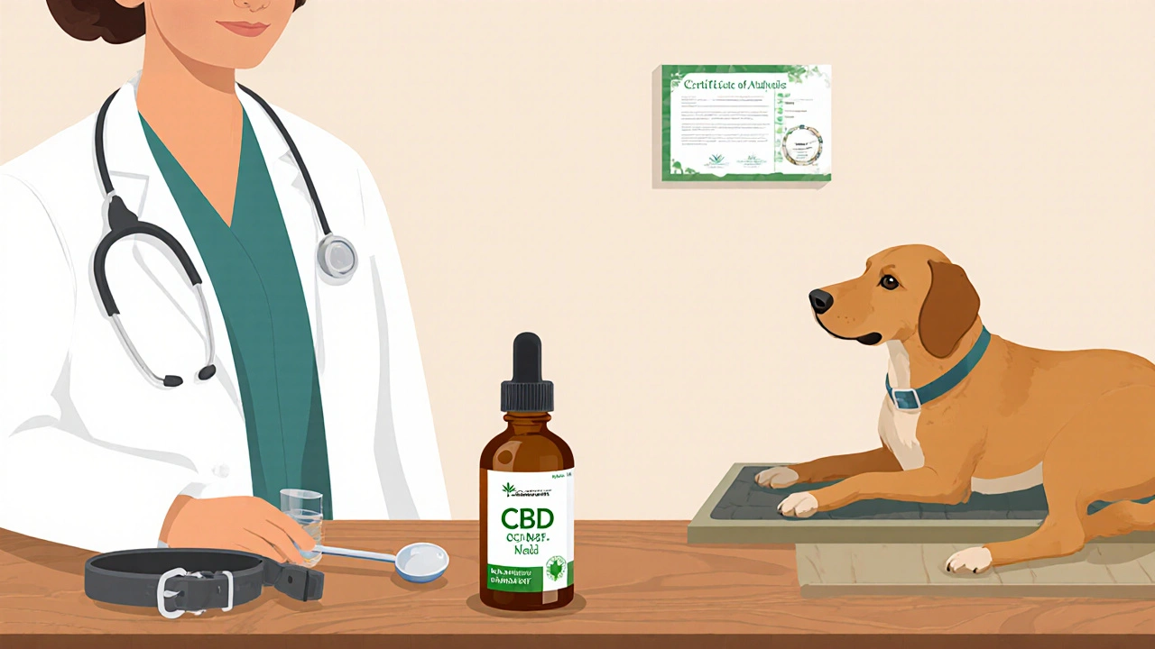 Na stole leží láhev CBD oleje, certifikát a pes pod dohledem veterináře, symbolizující výběr kvalitního produktu a sledování dávky.