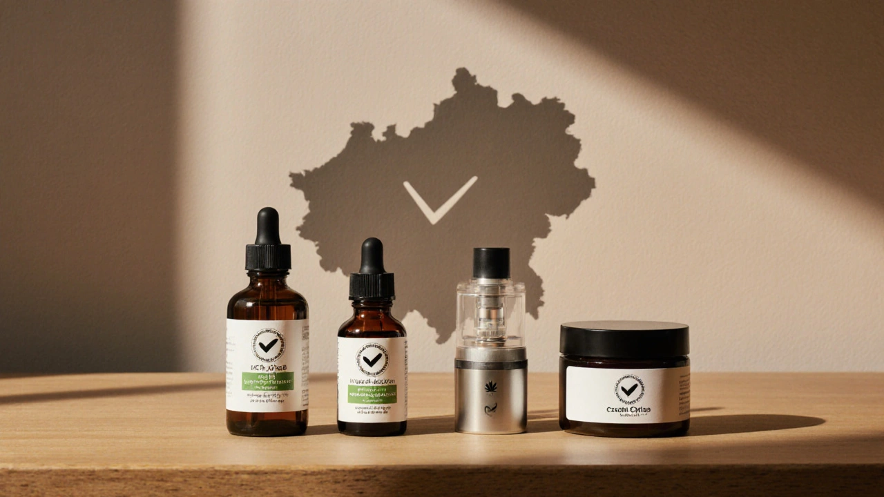 Obchodní přepážka s CBD olejem, kapslemi, krémem a vapingovým cartridge v českém stylu.