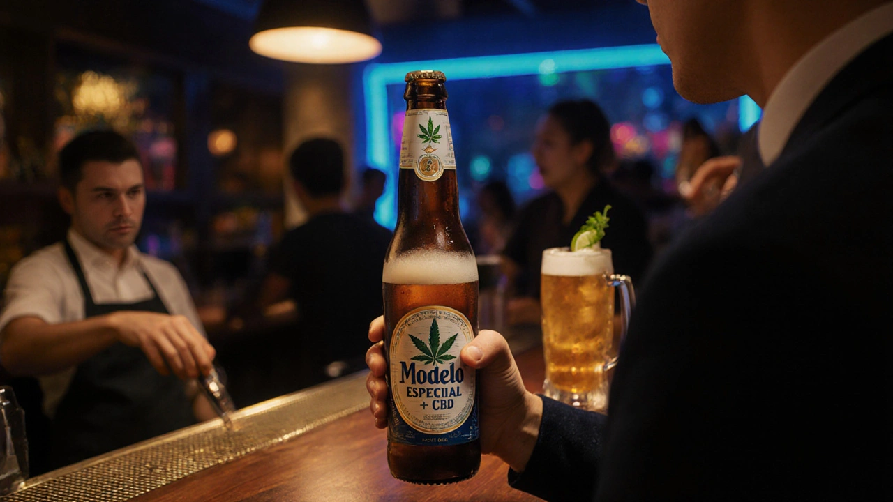 Osoba ochutnávající CBD pivo v moderním baru s konopným motivem.