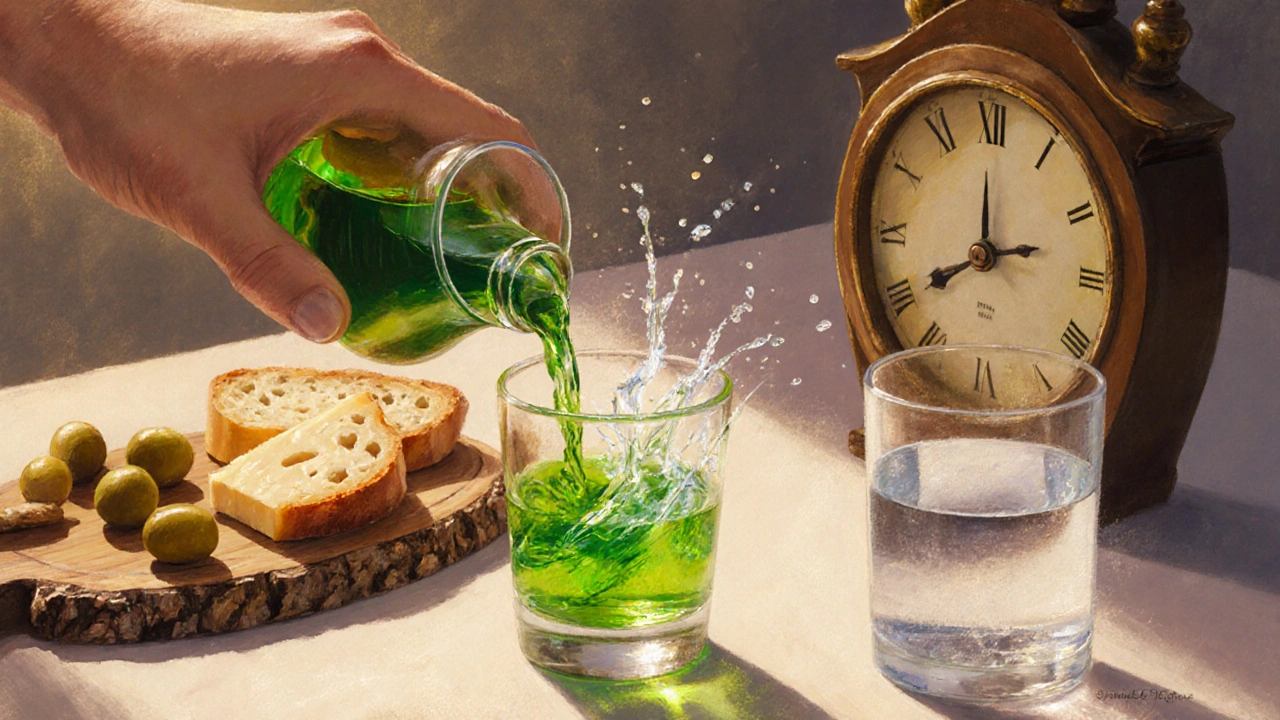 Osoba podává 30 ml absintu rozředěného vodou, k tomu jídlo a sklenice vody.