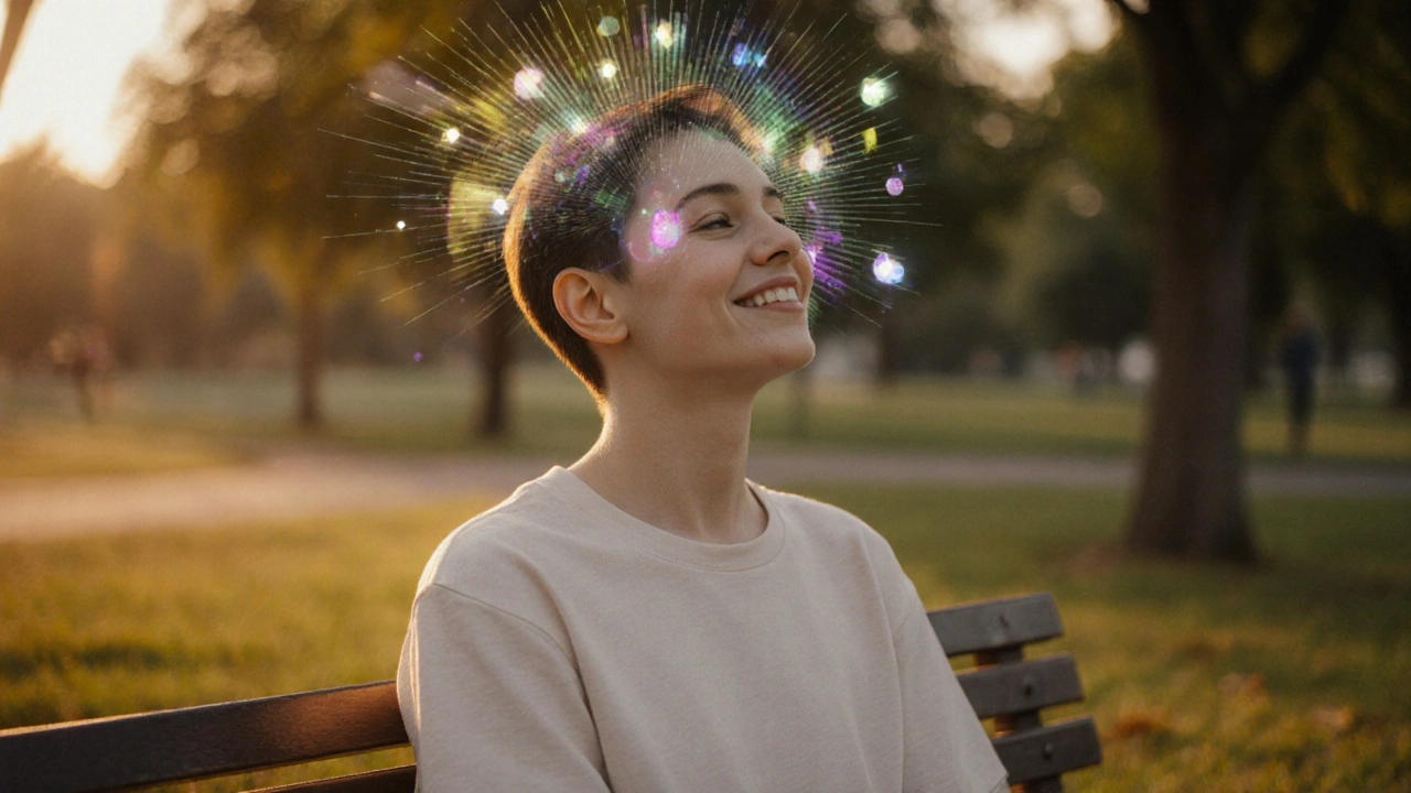 Person on a park bench at sunset, eyes closed, smiling peacefully with subtle light patterns around head.