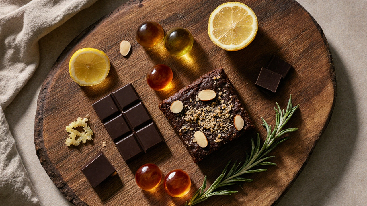 Ploché uspořádání THCV žvýkaček, čokolády, kapslí a brownies s vůní citronu a rozmarýnu.