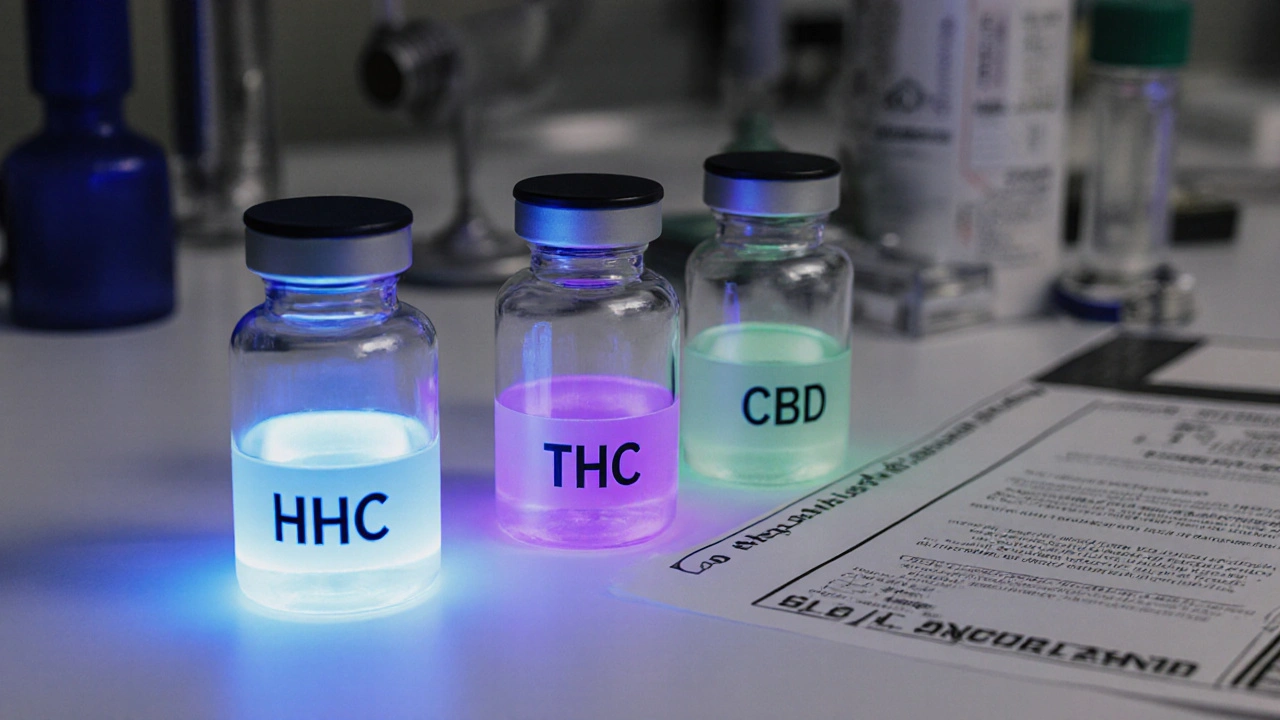Three vials labeled HHC, THC, and CBD on a lab bench with distinct colored halos and COA document.