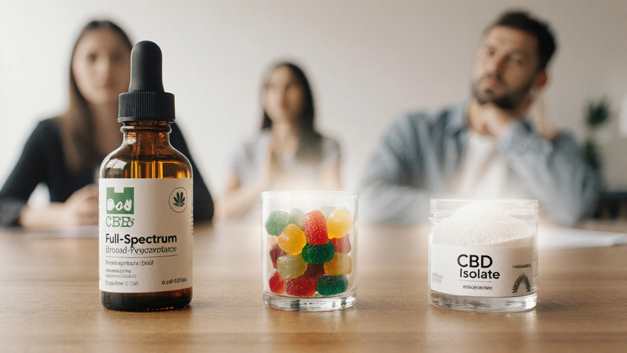 Tři typy CBD produktů na dřevěné tabuli s jemným zářením a nejasnými postavami v pozadí.