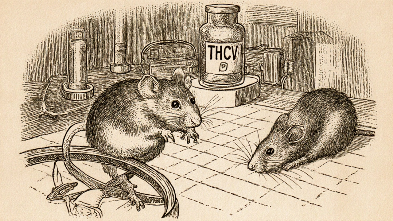 Vědecká ilustrace dvou myší v laboratoři, jedna aktivní, druhá nečinná, s lahvičkou THCV.