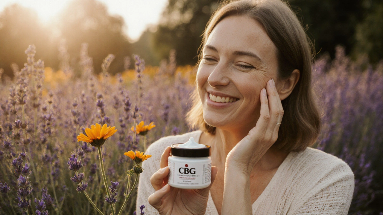 Žena v zahradě drží CBG krém, symbolizující přirozené uklidnění pokožky.