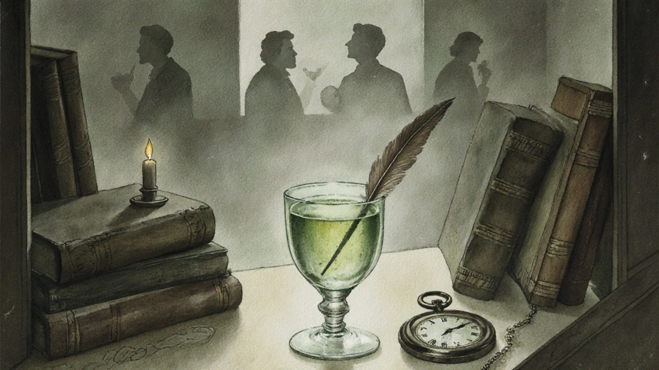 Absinthe glass reflecting a hidden library scene with vintage objects and soft fog.