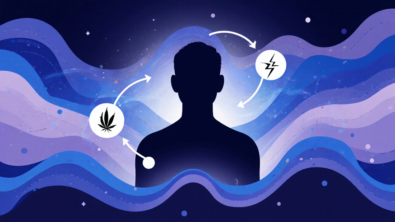 Abstraktní energie v barvách modré a fialové uvolňuje stres v těle, symbolizující přirozenou rovnováhu.