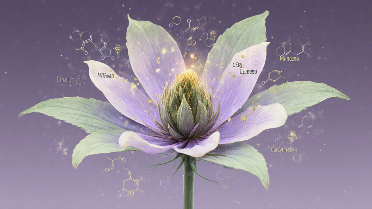 Abstraktní ilustrace molekul terpenů linaloolu, myrcenu a kariofylénu kolem CBD květu.