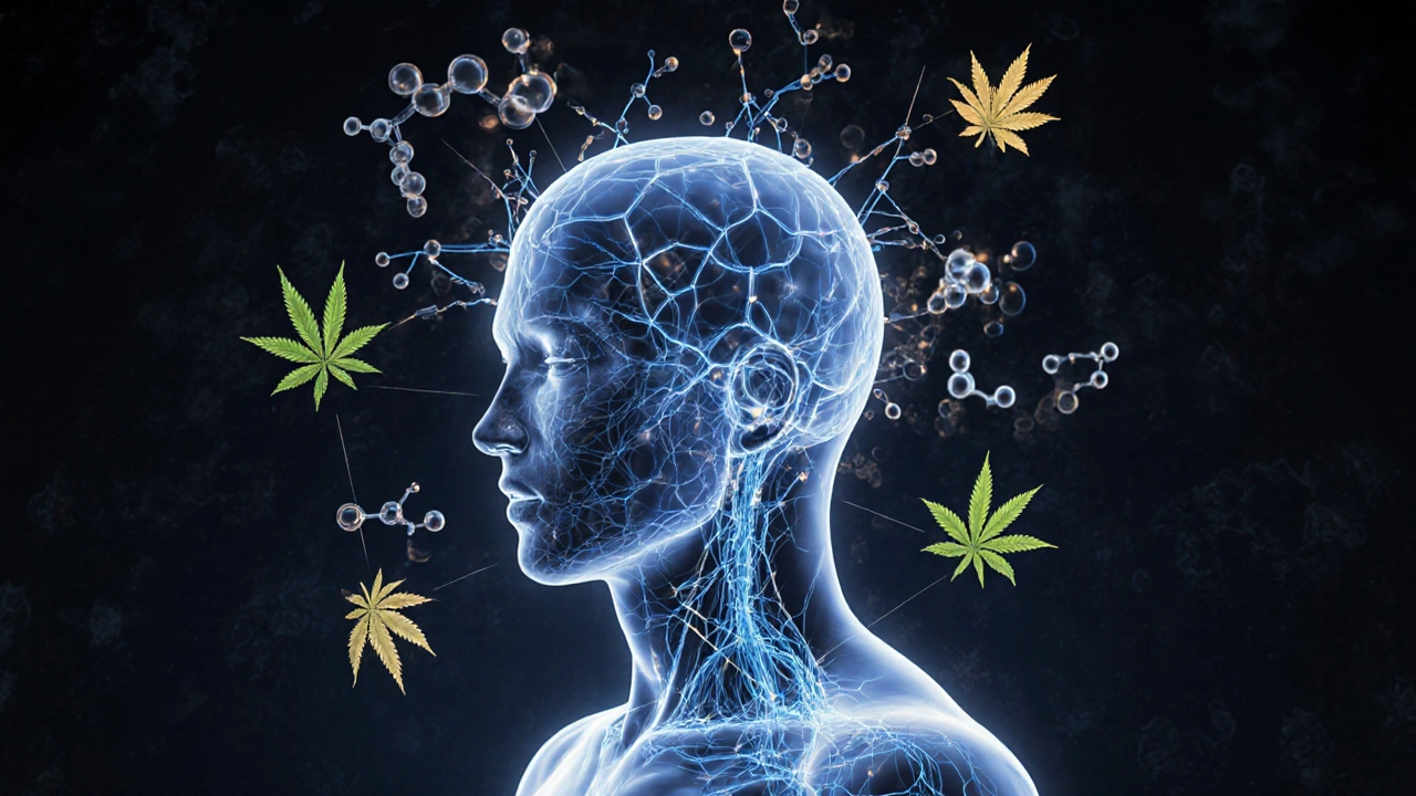 Abstraktní znázornění endokanabinoidního systému spojeného s terpeny a květy konopí.