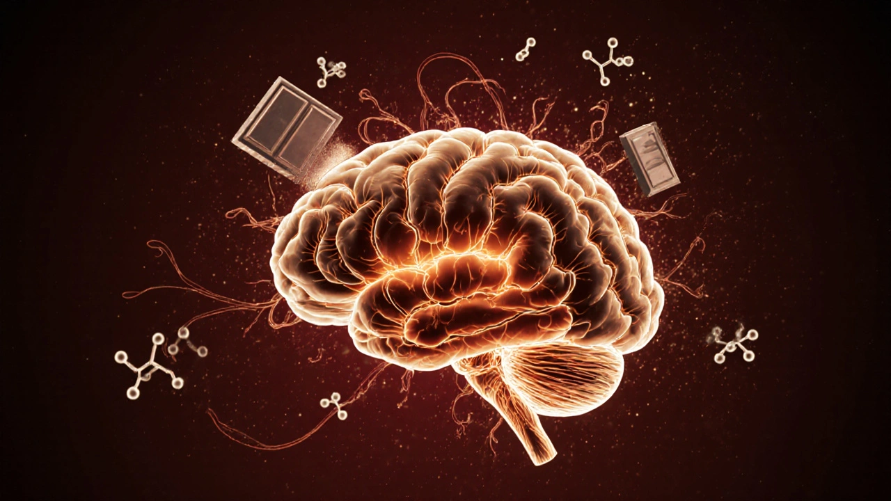Abstraktní znázornění mozku s aktivními nervovými cestami, kde THC a molekuly čokolády interagují s chuťovými receptory.