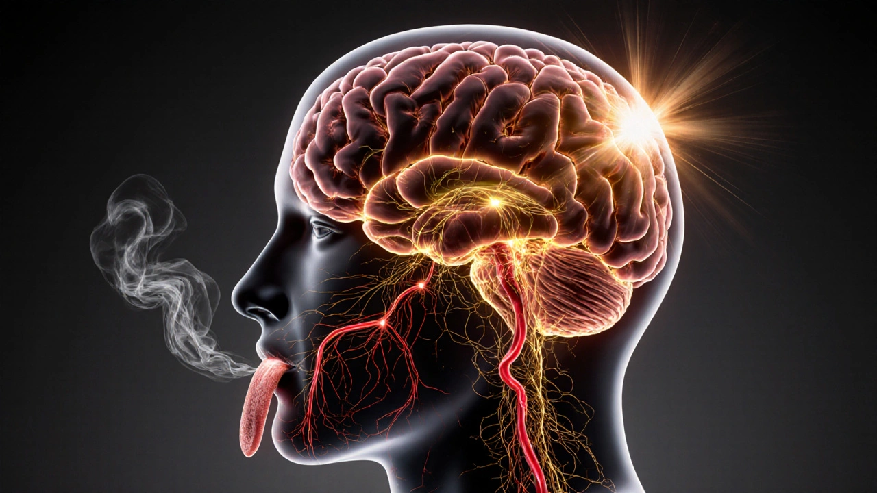 Abstraktní znázornění mozku s aktivovanými nervovými cestami spojujícími chuť a čich s centry odměny.