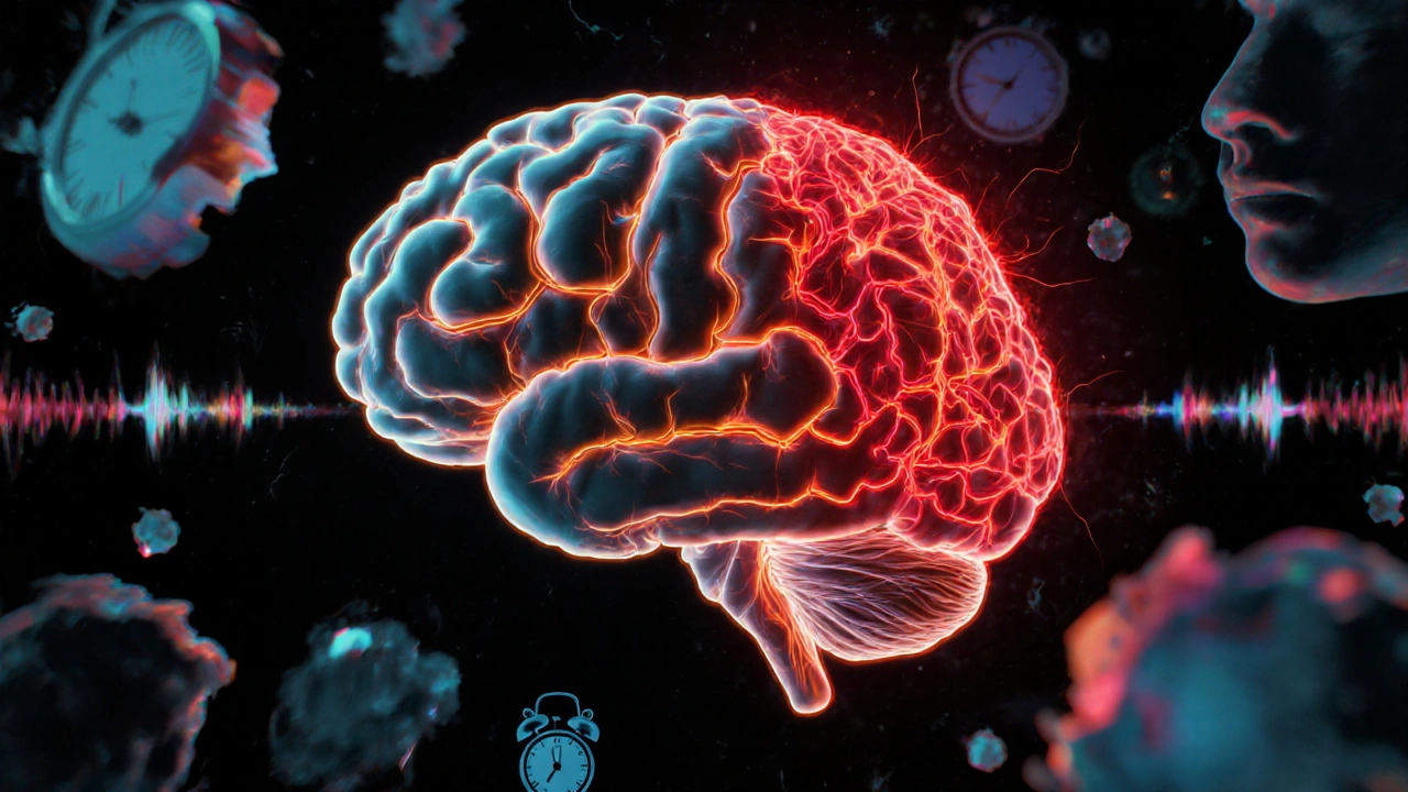 Abstraktní znázornění mozku s intenzivními červenými spojeními, symbolizujícími silnější vazbu THCP na receptorů.