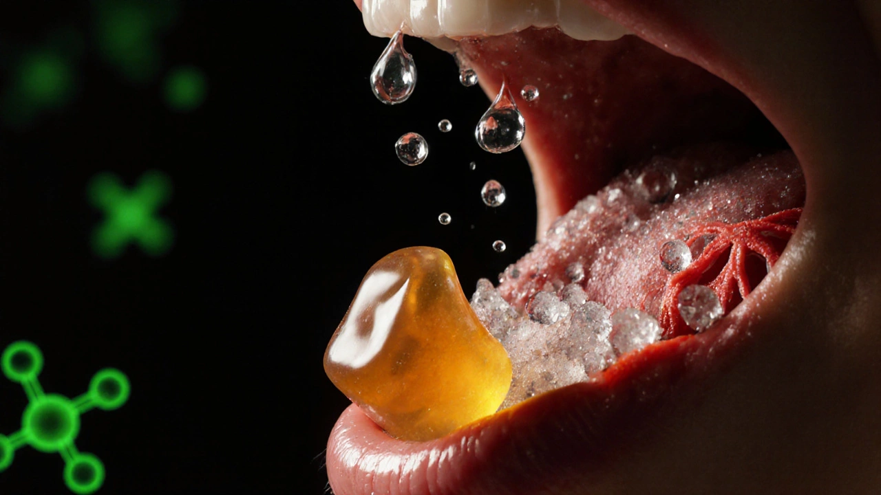 CBD gumička se pomalu rozpouští, s molekulami CBD stoupajícími do krevního oběhu.