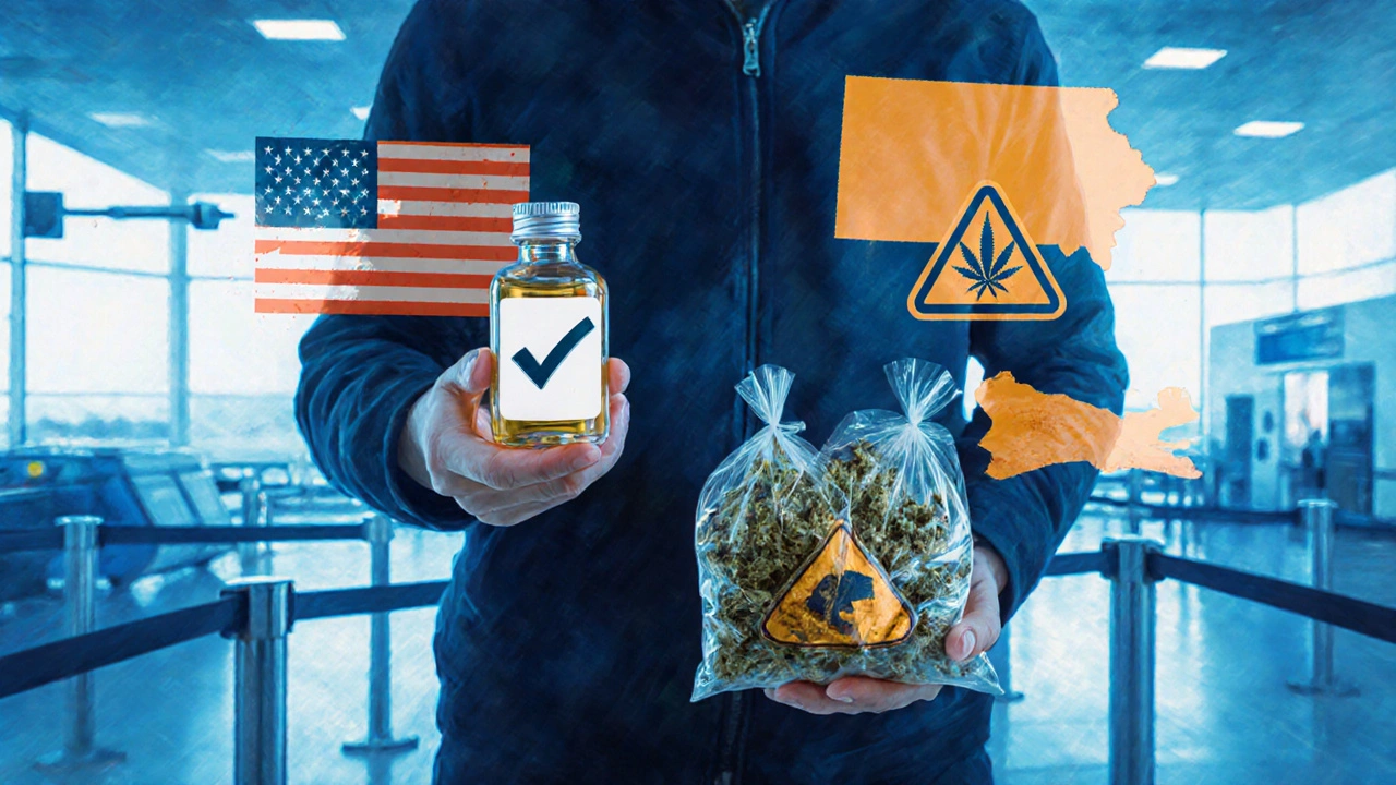 Cestující drží CBD olej a květy, s průhlednými symboly legality a rizika kolem nich.