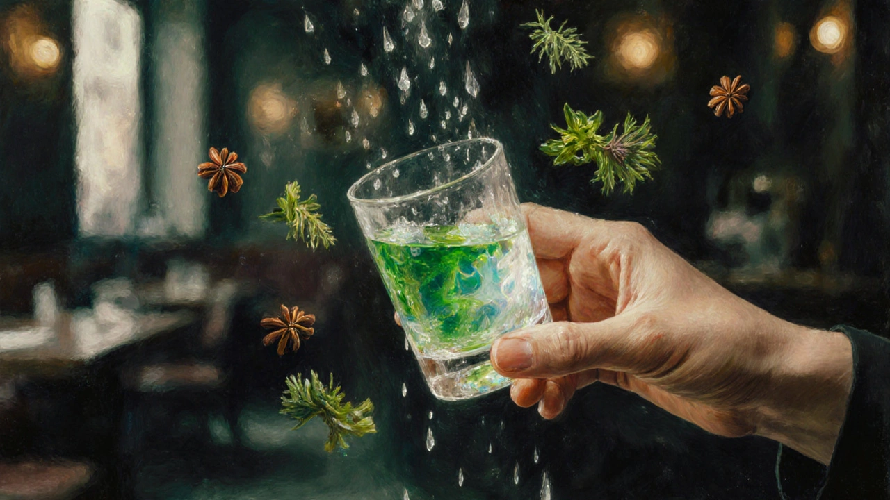 Close-up of absinthe transforming from clear to cloudy greenish-white with herbs floating in the air.
