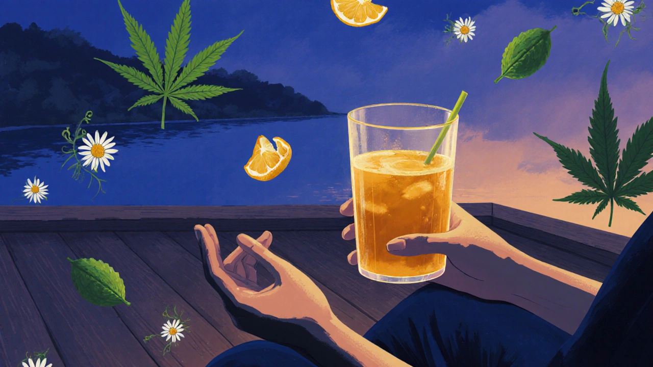 Člověk medituje na balkoně s nápojem obsahujícím CBD a přírodními bylinami.