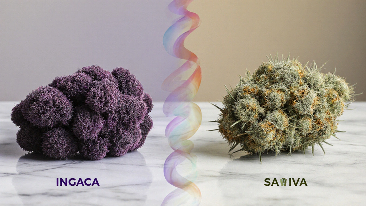 Dva balíčky CBD květů, Indica a Sativa, na mramoru, rozplývající se do jedné terpenové vlny.