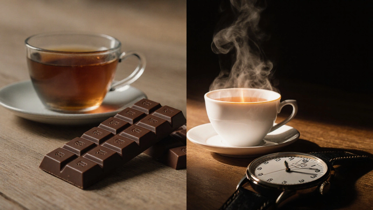 Dva kousky čokolády vedle sebe – jeden obyčejný, druhý s THC – s hodinami a čajem, jeden z nich září jemně.