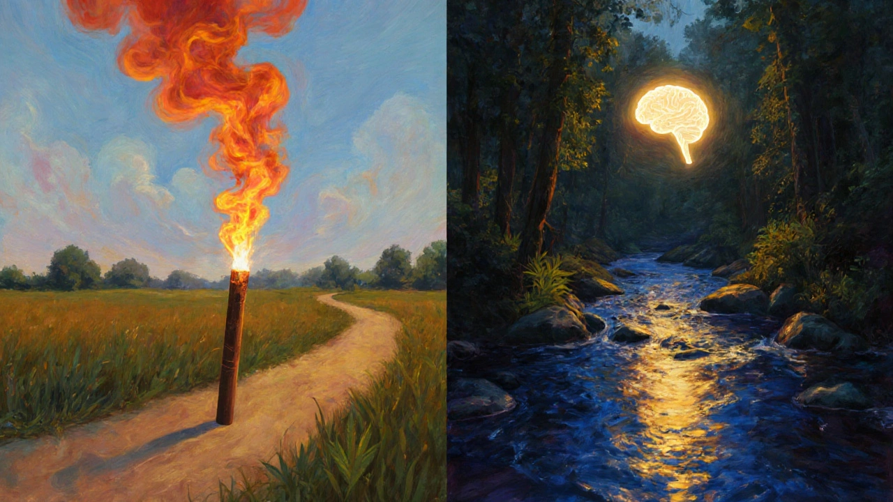 Dvě cesty k mozku: rychlý kouř a pomalý proud — symbolizující různé účinky konopí.