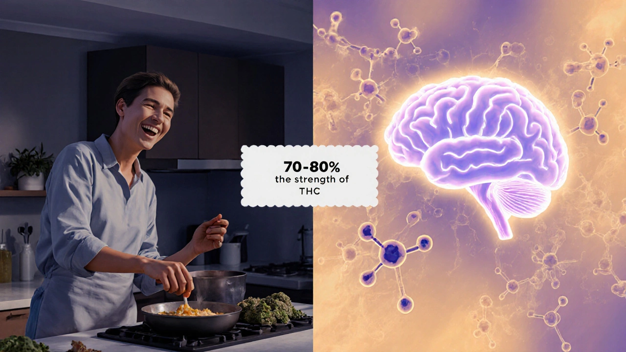 Dvě scény: jedna osoba klidně vaří, druhá abstraktní reprezentace HHC působící na mozkové receptory.