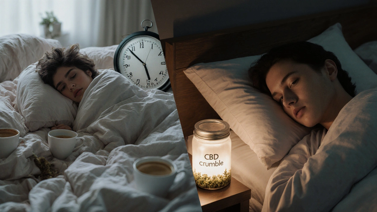 Dvě strany: stresovaná osoba naproti klidně spící, CBD jako přechod k klidu