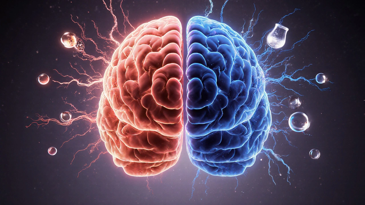 Ilustrace mozku s překrývajícími se účinky THC a alkoholu, narušené nervové spojení.