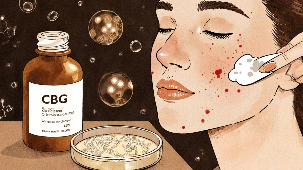 Keramická lahvička s CBG a rukou aplikující krém na akné na tváři.