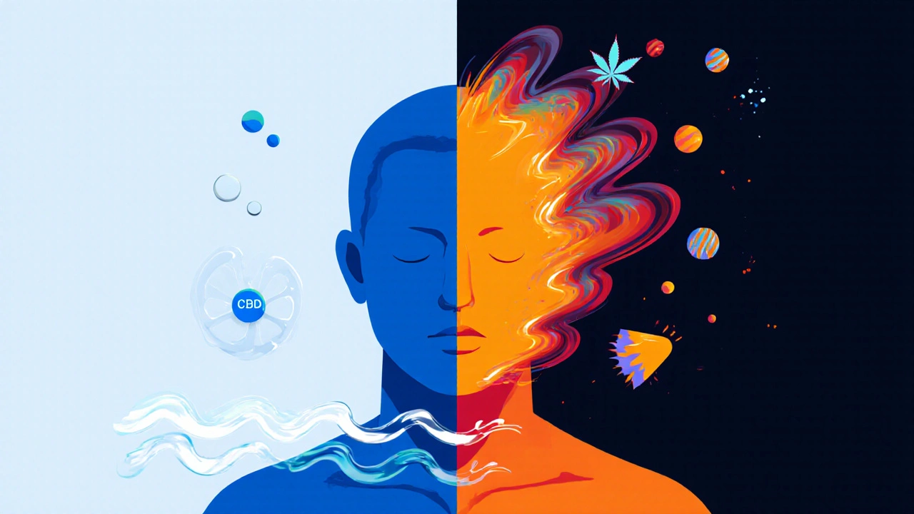 Klíčové rozdíly mezi CBD a THC v lidském těle, ilustrované barvami