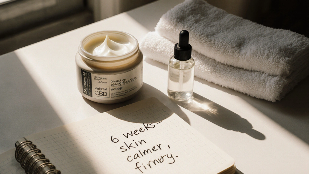 Kosmetická ritualita: CBD krém a kyselina hyaluronová na stole v přírodním světle.