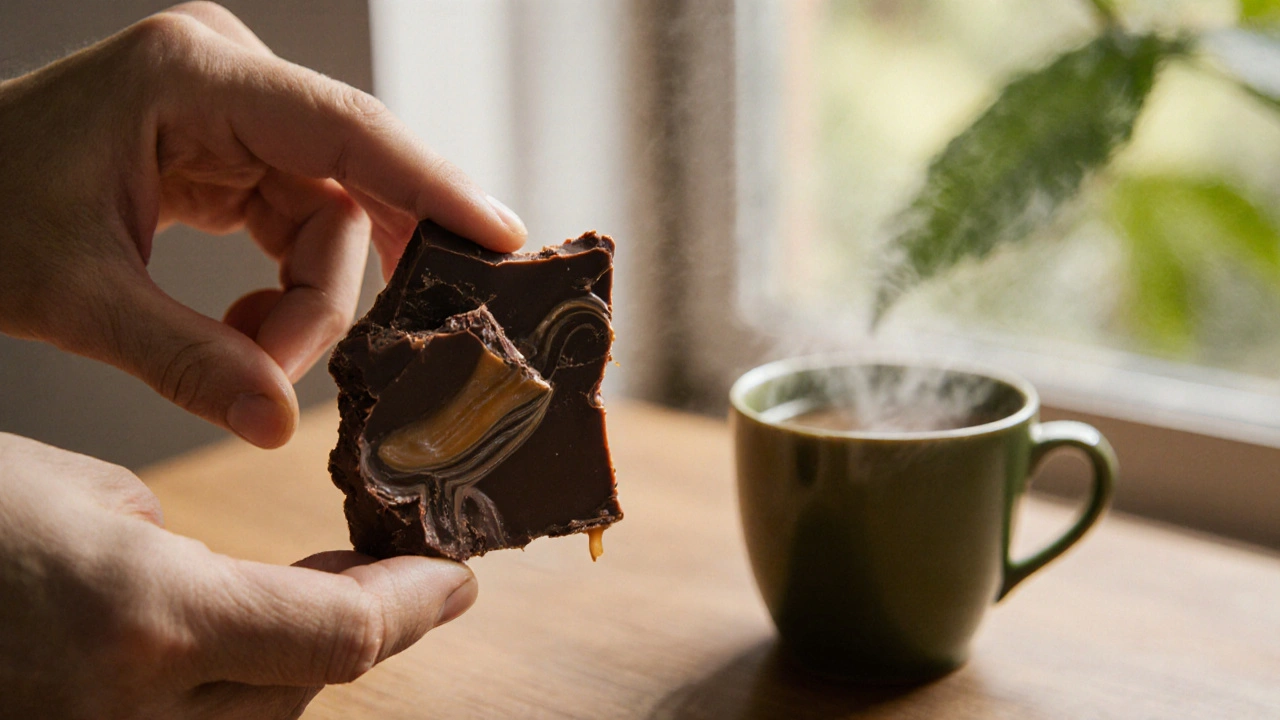 Kousek čokolády s karamelovými proužky na dřevěné desce vedle šálku zeleného čaje a otevřeným oknem.
