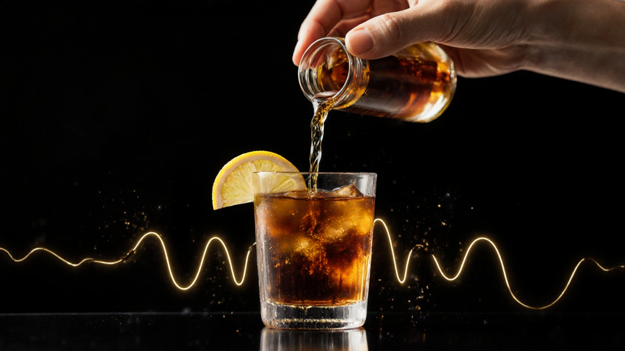 Malá dávka infuzovaného alkoholu v koktejlovém sklenici s černým čajem a citronem.