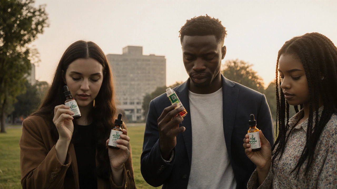 Mladí lidé v parku s různými kanabinoidy, jeden odloží delta-8, zatímco jiní drží CBD nebo CBG.