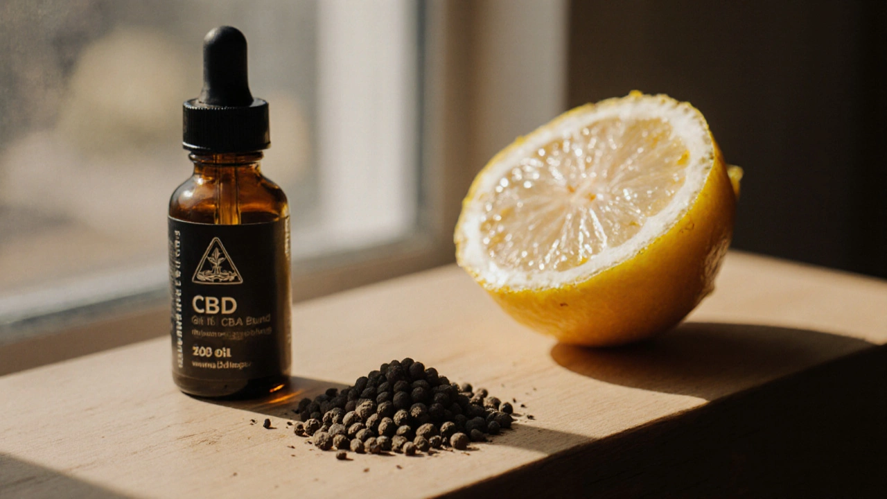 Na dřevěném stole leží černý pepř, kousek citrónu a lahvička CBD oleje.