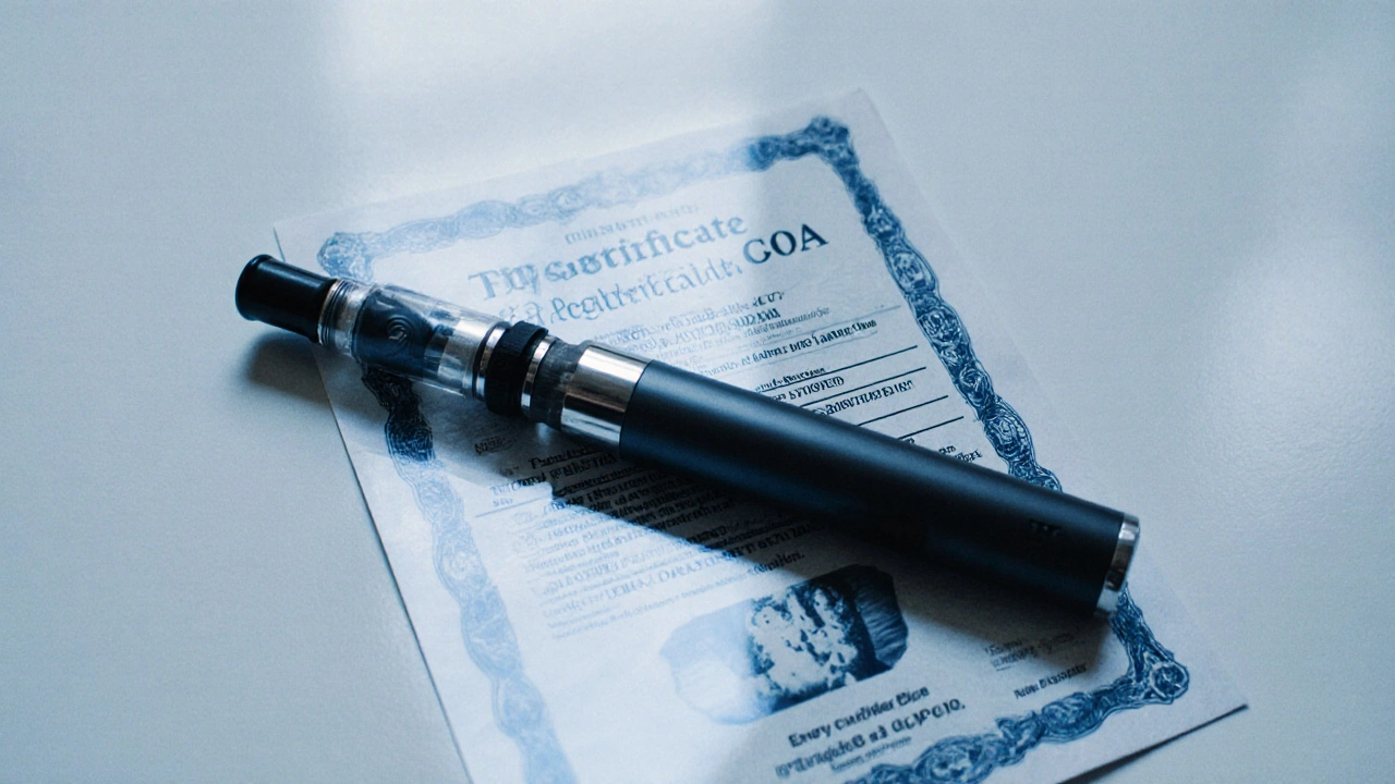 Neotevřený THCP vape a laboratorní certifikát na bílém pozadí, zdůrazňující nejistotu a rizika.