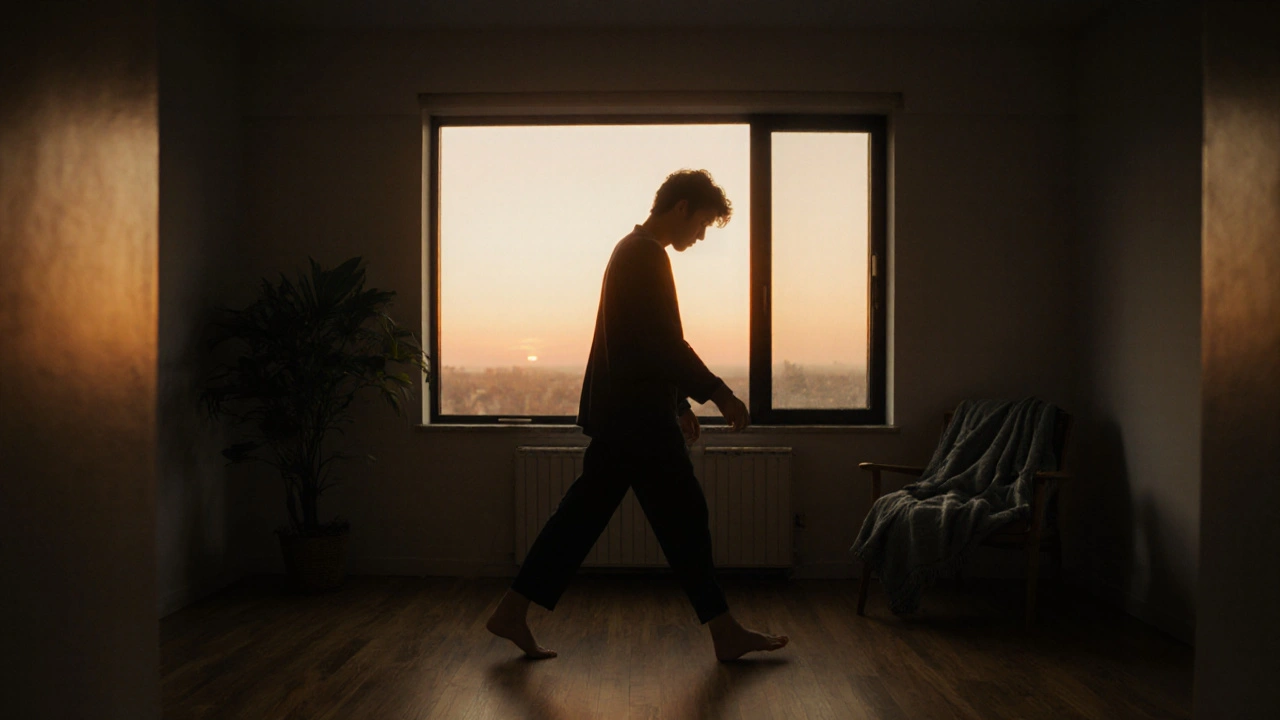 Osoba chodí bosá po dřevěném podlaze ve večerním světle, klidně a s vědomím svého těla.