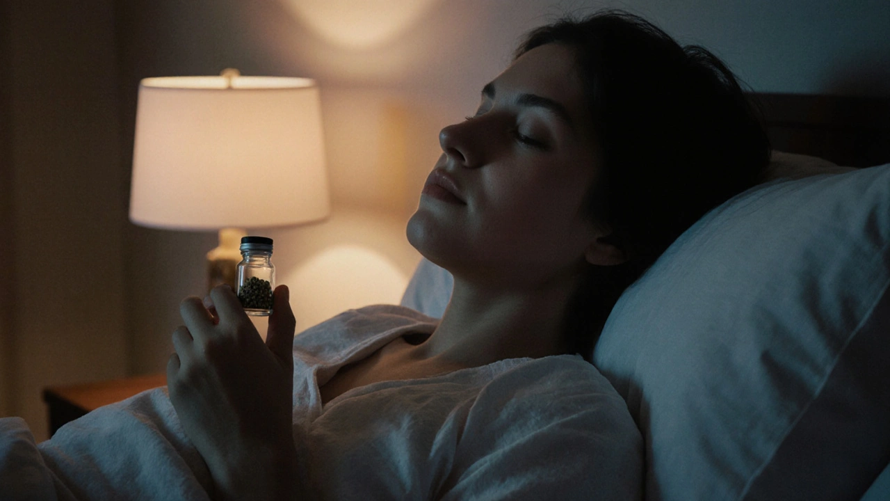 Osoba klidně sedící v pokoji s CBD crumble, oči zavřené, klidná atmosféra