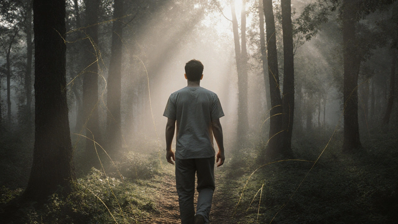 Osoba prochází mlhavým lesem v ranním světle, cítí se spojena s přírodou a klidem.