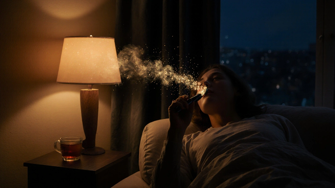 Osoba relaxuje večer s vapeřičkou CBD vosku v klidném prostředí před spaním.