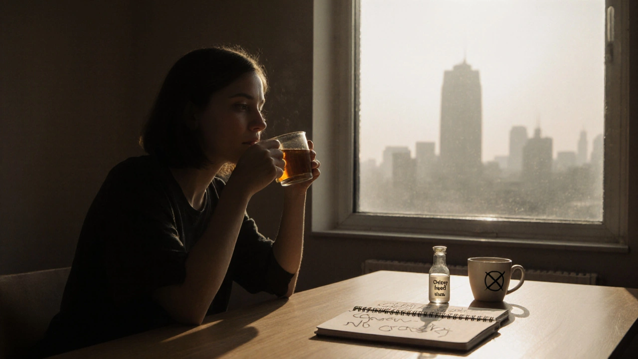 Osoba sedí u stolu s lahvičkou THCV a čajem, slunce osvětluje klidnou místnost s náznakem jasné mysli.