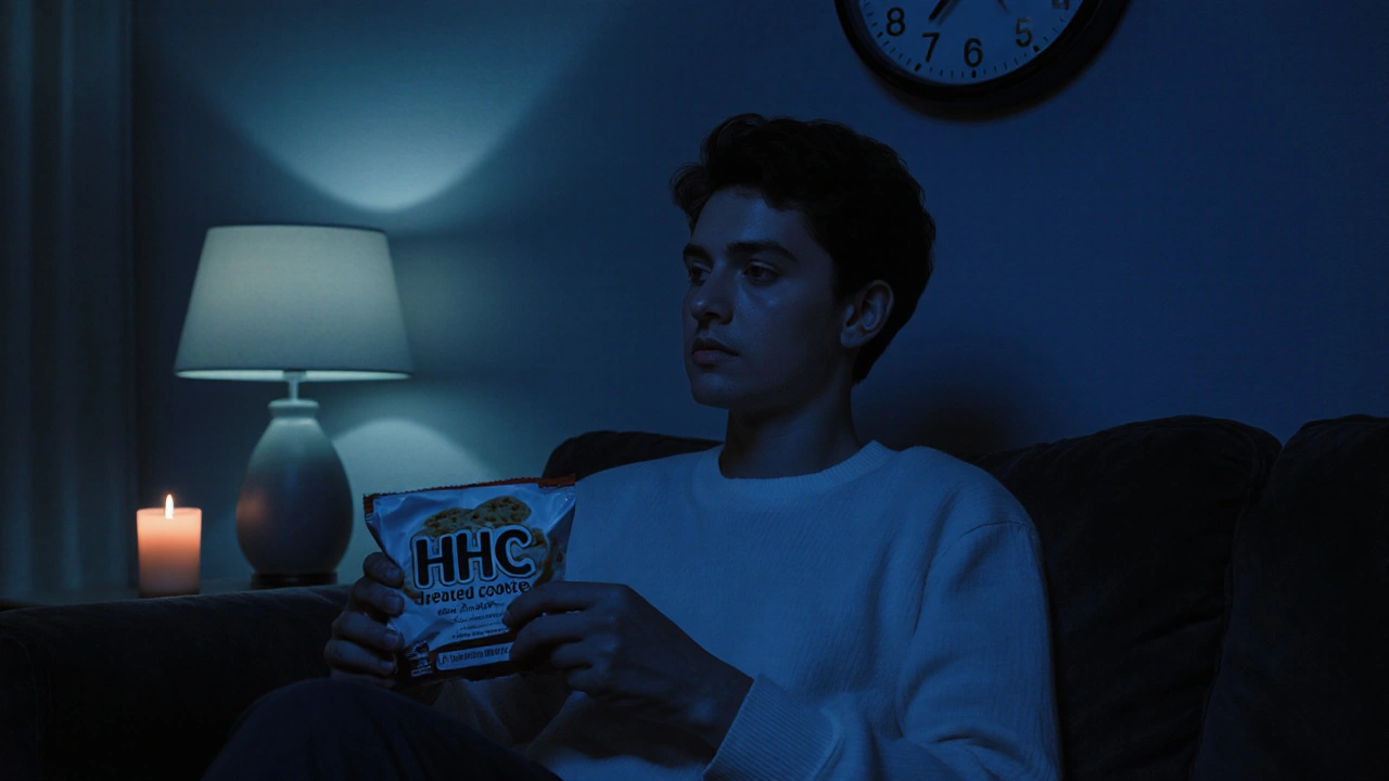 Osoba sedící na pohovce s balíčkem HHC sušenek, klidně a s očima zavřenými.